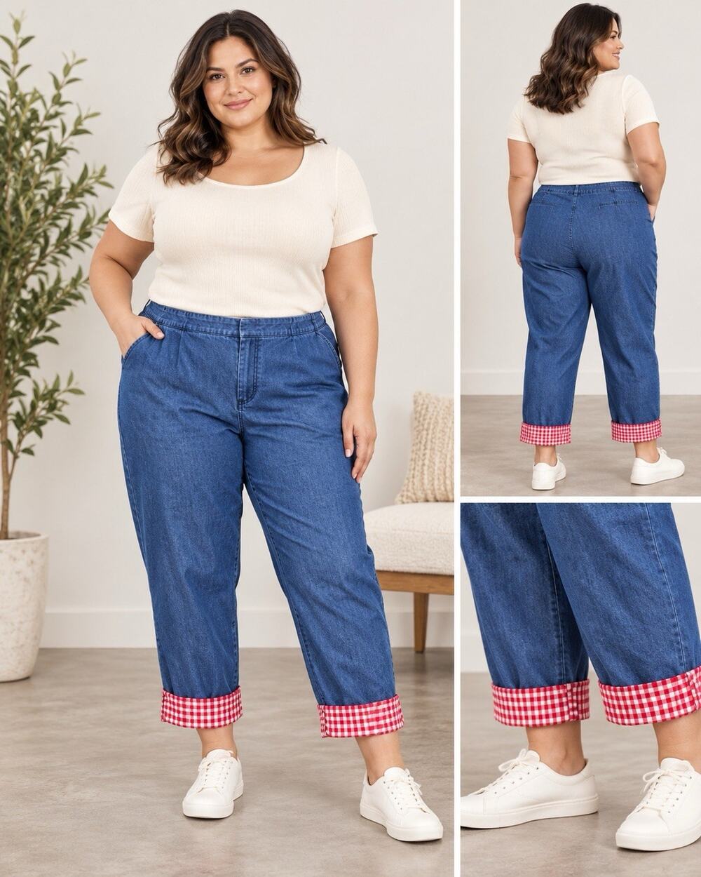 Women’s Liz Claiborne Michaela Crop Jeans Denim Gingham Cuff Capri, 18P